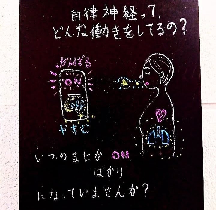 自律神経のがんばるスイッチとやすむスイッチを紹介する手描き黒板イラスト