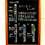 理想的な姿勢と腰が反りやすい・腰がまっすぐ・腰が前に出る3つの姿勢タイプを描いたナカタニ整骨院の黒板イラスト